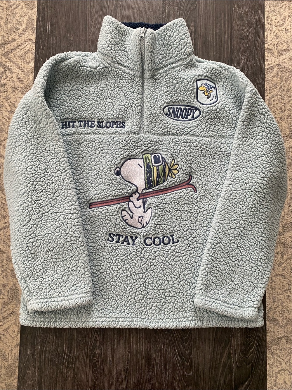 Peanuts Light Gray Sherpa Pullover with Snoopy Ski Patch